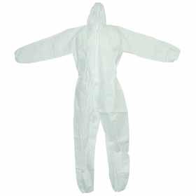 Strong and abrasion resistant for extended wear. Offers protection against dry particulates and light liquid sprays. Polypropylene. Available with or without an attached hood. Zipper front.