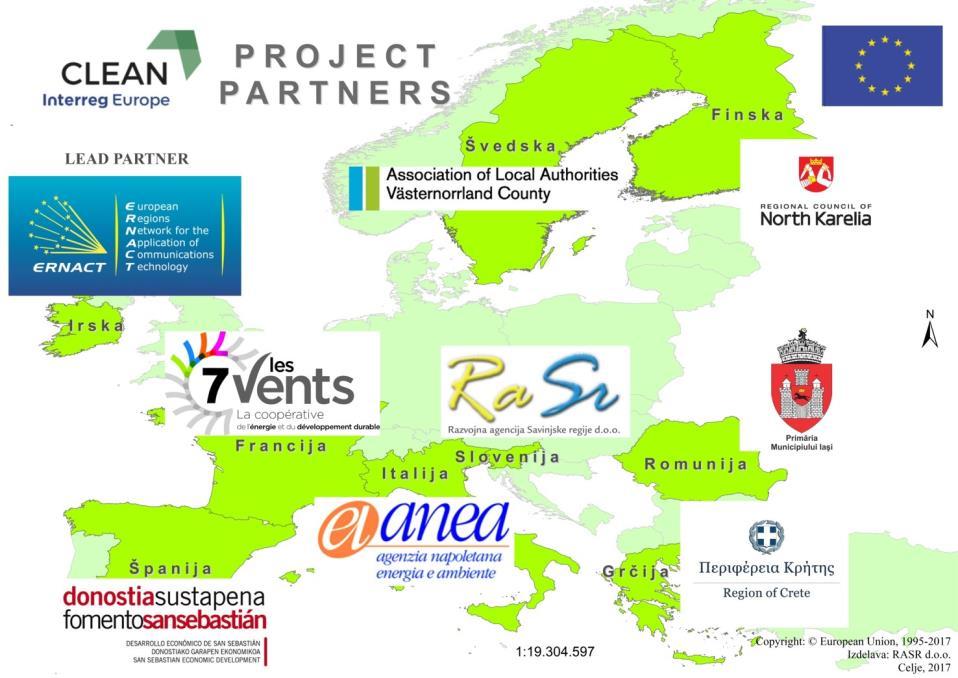 CLEAN - Tehnologije in odprte inovacije za nizko ogljične regije Projekt CLEAN poteka v sodelovanju med devetimi partnerji iz različnih držav v času med 1. 1. 2017 in 31. 12. 2021.