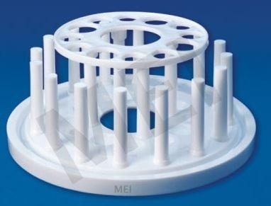MEI TEST TUBE STAND (ROUND) (MEP - 112) A handy, little space saver, this circular twelve place Polypropylene Test Tube Stand has four 25mm dia holes & height 19mm dia holes in its top plate.