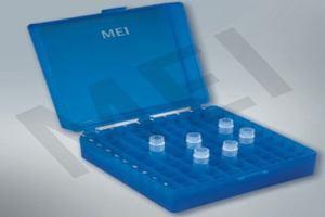 MEI Cryo Box (PP) (MEP - 22) Molded in Polypropylene, the top of the box is attached to the bottom through well designed built inhings. The bottom has built in spaces to hold vials up to 2ml.Capacity.