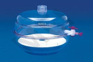 MEI DESICCATOR (VACCUM) - ALL CLEAR (MEP - 30) These Vaccum Desiccators are provided with a transparent polycarbonate bottom that makes it more robust and provides excellent view of the desiccator.