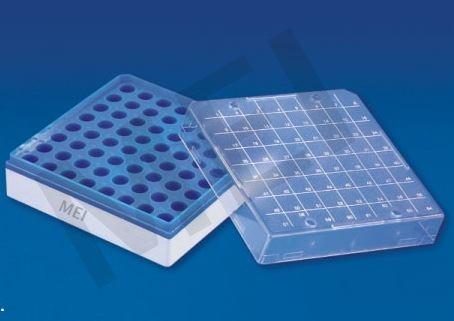 MEI MCT BOX (MEP - 49) Mct Boxes are moulded in polycarbonate and are therefore strong as well as autoclavable. One size can hold 64 MCT's of 1.5 ml. & the other can hold 100 MCT's of 0.5ml.