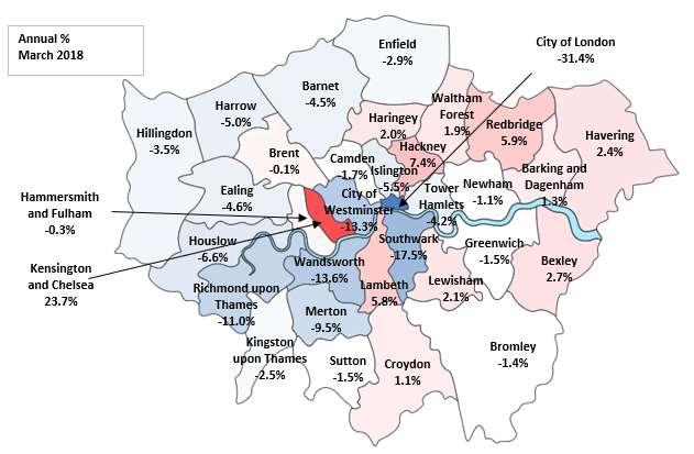 London boroughs, counties and unitary authorities London house price heat map The heat map below shows the annual % change in house prices across London in March 2018.