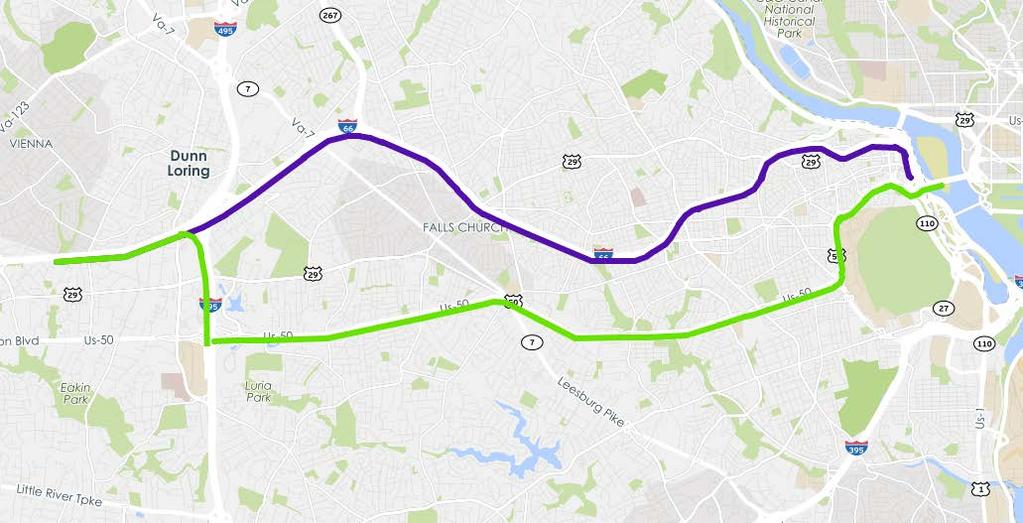 Route 50 as an alternative to 66 at 6am Travel times from Nutley Street to Roosevelt Bridge I-66