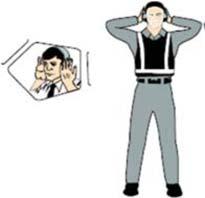Negative (technical/servicing communication signal) Hold right arm straight out at 90 degrees from shoulder and point wand down to ground or display hand with thumbs down ; left hand remains at side
