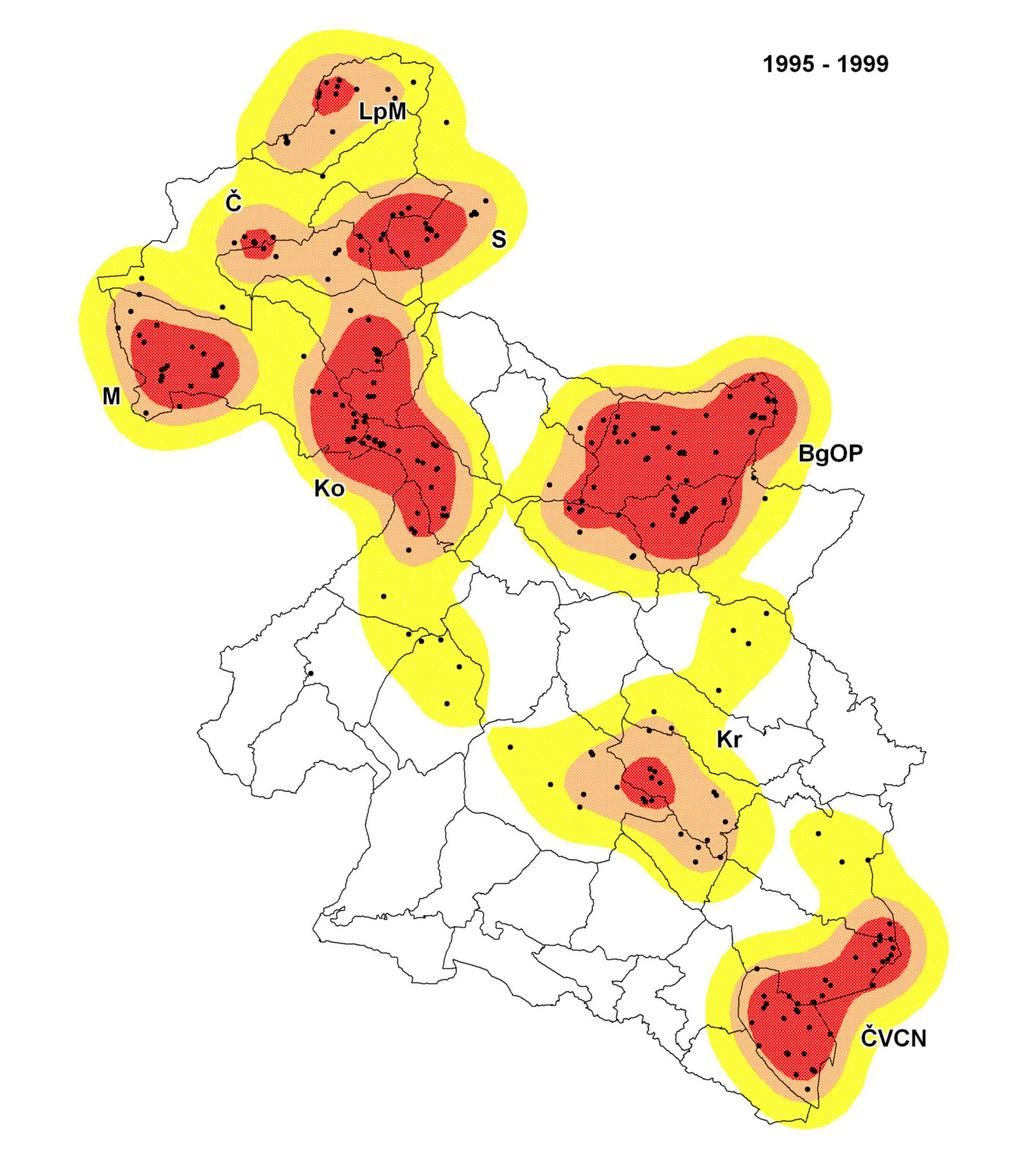 Koren I. Razvoj populacij divjadi v severozahodni Sloveniji s in jelenu (Cervus elaphus L.). 50%FK TOL 75%FK 95%FK 50%FK ZVK 75%FK 95%FK 107 BgOP Ko S Č M LpM 13.620 ha 9.683 ha 3.531 ha 401 ha 3.