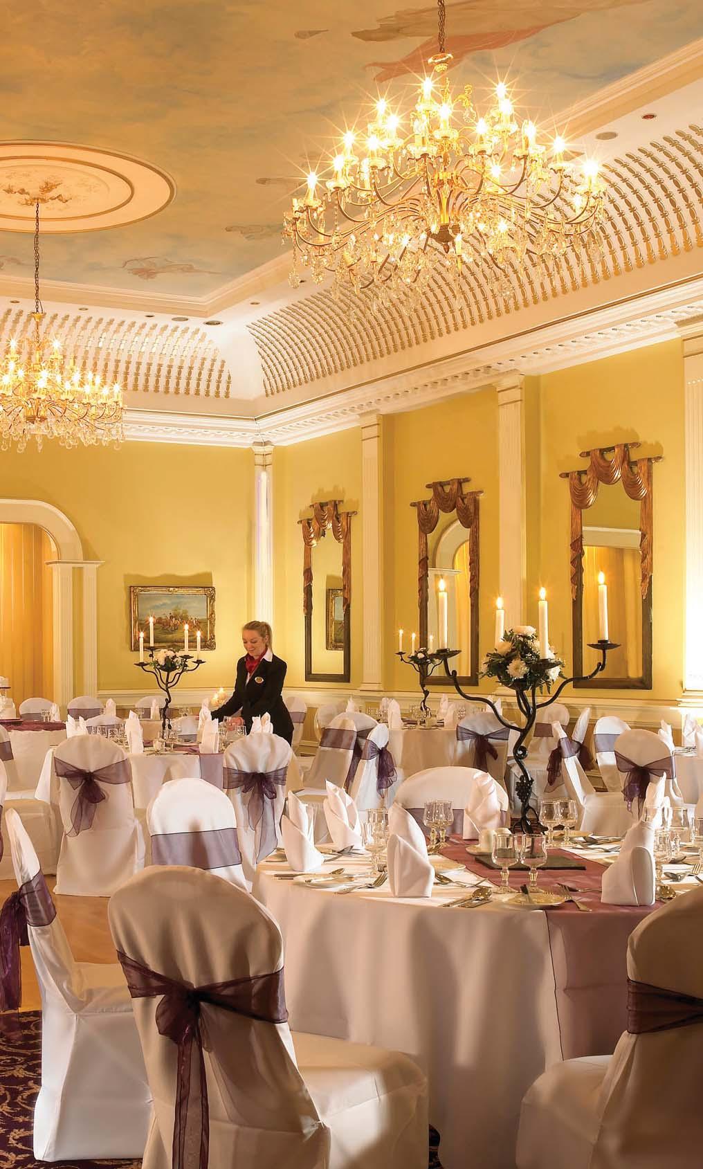 The majestic Millennium Room with its twin chandeliers, bar area & balcony views can seat up to 180 guests.
