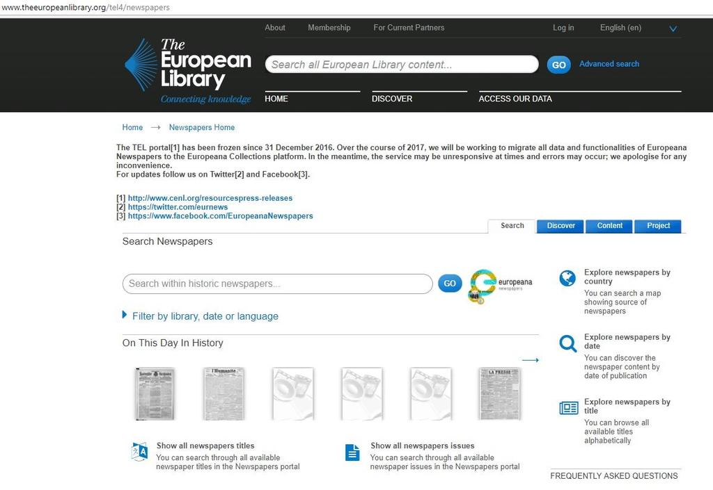 Slika 5 Europeana Newspapers Izvor: http://www.theeuropeanlibrary.org/tel4/newspapers (22.07.
