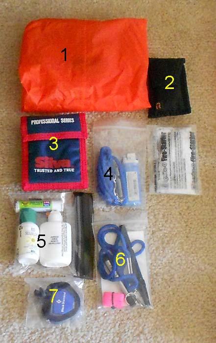 1 Waterproof pouch for kit 2 Multitool - Knife & Pliers 3 Compass with mirror 4 Whistle Survival Kit A - kept in easily accessible location