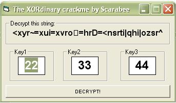 Bruteforce #2 Kao drugi primer za bruteforceing sam odabrao jedan jako zanimljiv primer koji je napisao Scarabee. Ovaj primer dekriptuje jedan string pomocu XORovanja sa tri razlicita broja.