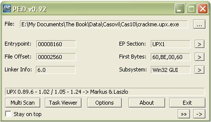 UPX 0.89.6-1.02 / 1.05-1.24 Kao klasican primer packera, ali nikako i protektora,navodi se UPX. Ovaj odlican paker je najbolji i najlaksi primer kako se to radi unpacking zapakovanih aplikacija.
