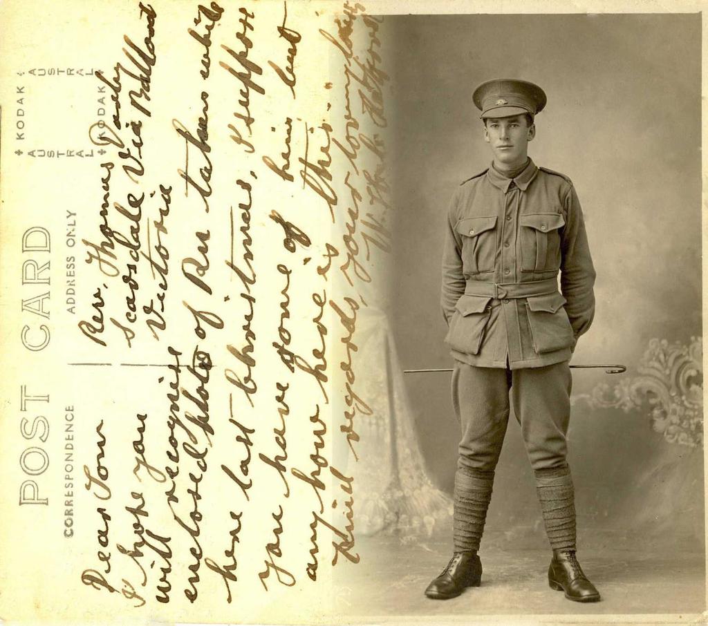 Photo Postcard of Pte Rupert Clarence Darby The Photo Postcard of Pte Rupert Clarence Darby reads: Dear Tom Addressed to Rev.