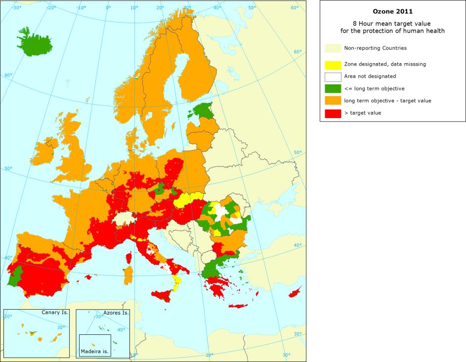 meďunarodnog prijevoza brodovima i avionskog prijevoza 32. Prekomjerno onečišćenje s O 3 osobito je izraţeno na jugu Europe, čemu pogoduju klimatski uvjeti: duga, vruća i sunčana ljeta.
