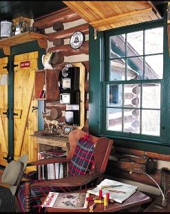 Opposite: The former porch, which attaches to the log portion of the cabin, was converted to bedroom space. Above right: Many of the home s antiques came from Cynthia s shop.