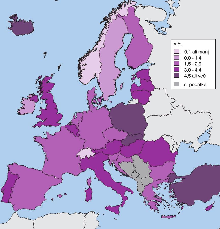 CENE V SLOVENIJI Primerjave cen med dr`avami 53 Karta 2: Letna rast cen po HIC@P, evropske dr`ave, december 2011 V letu 2011 so se cene v Sloveniji in tudi v sosednji Hrvaški zvišale za 2,1 %; v