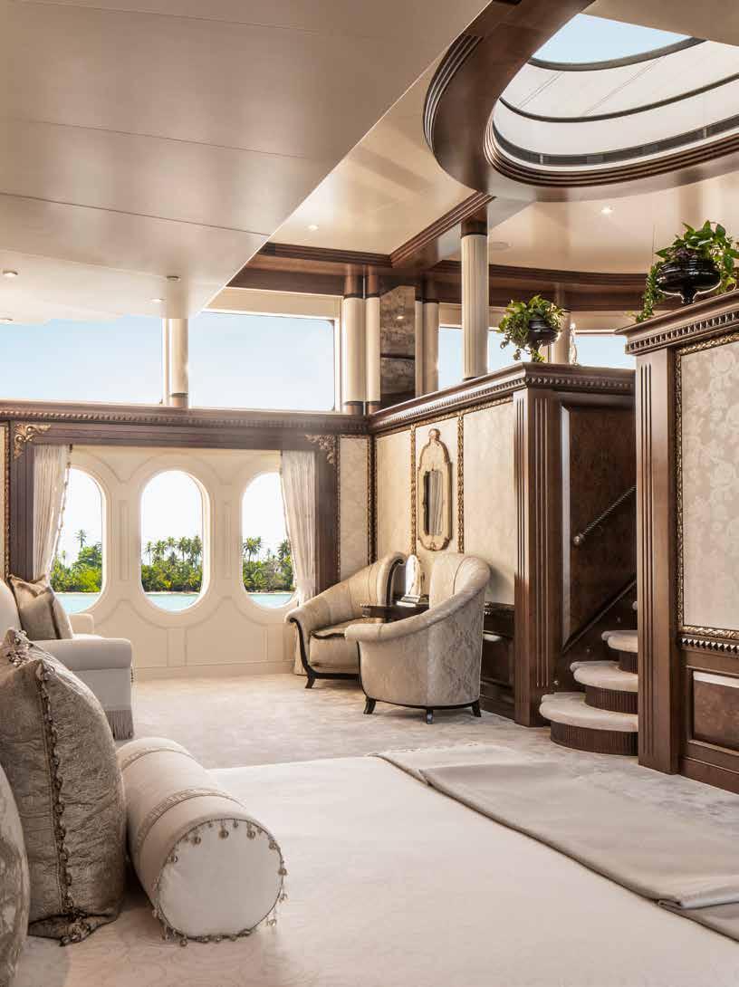 Calypso accommodates 12 guests in sumptuous style. The double height, full beam master stateroom on the owner s deck has a spectacular observatory lounge with study and bar.