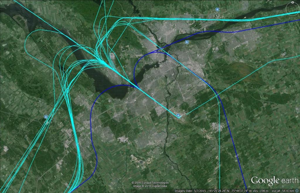Figure 6 shows the proposed RNP AR path for runway 14 arrivals (in blue) on a map of the Ottawa region with a 4-hour sample of arrival traffic as flown by aircraft on February 3, 2016 (in turquoise).