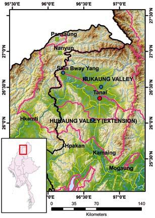 HUKAUNG VALLEY / HUKAUNG VALLEY (EXTENSION) HUKAUNG VALLEY Site ID 8 Locality Kachin State, Tanaing Township Coordinates N 26 42, E 96 49 Size (km²) 6,371 Altitude (m.
