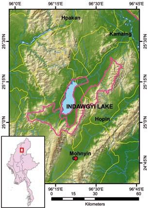 INDAWGYI LAKE Site ID 10 Legend of topographic maps Locality Kachin State, Monyin Township Head Quarters Coordinates N 25 07, E 96 22 Ranger Post Size (km²) 815 Towns Altitude (m.