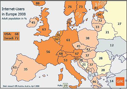 Web informiranje Karta Evrope sa upisanim procentima korisnika Interneta u 2008. godini 17 Nejednakosti u pristupu Internetu i sadržajima na mreži dostigle su do sada neviđene razmjere.