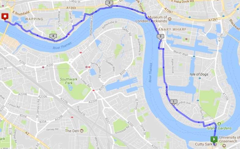 Stage 2 Cutty Sark to the Tower of London 4 0.0 Leave the Cutty Sark through the Greenwich Foot Tunnel 0.2 Head north from the Tunnel exit and the turn left on Saunders Ness Road 0.
