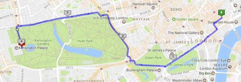 Stage 4 Covent Garden to Kensington Palace 6 0.0 Carry on alongside Covent Garden, keeping it on your left and head into Henrietta Street 0.1 Turn left into Bedford Street 0.