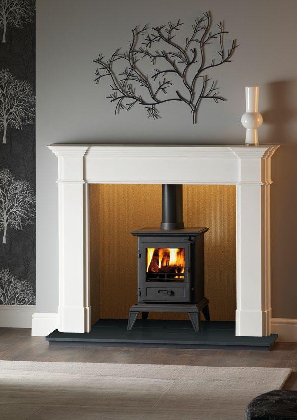 Close up of mantel or fire 405 Classic Stove shown with Balham Mantel in