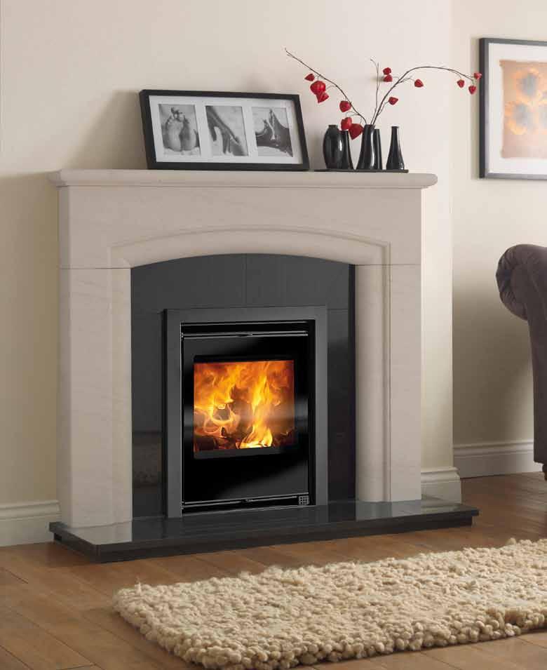 STOVE: VEGA 450 CONTEMPORARY WITH 3 SIDED QUADRANT TRIM MANTEL: NEW HAVEN IN