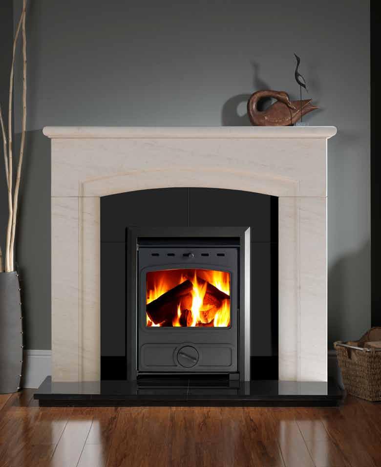 STOVE: VEGA 450 TRADITIONAL INSET STOVE WITH 3 SIDED BEVELLED TRIM MANTEL: NEW HAVEN IN