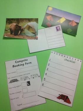 Campground Writing Activities Checklist of items needed for camping trip Campsite booking form Postcards for writing to friends and family Checklist of animals spotted in the woods Sketchbook for