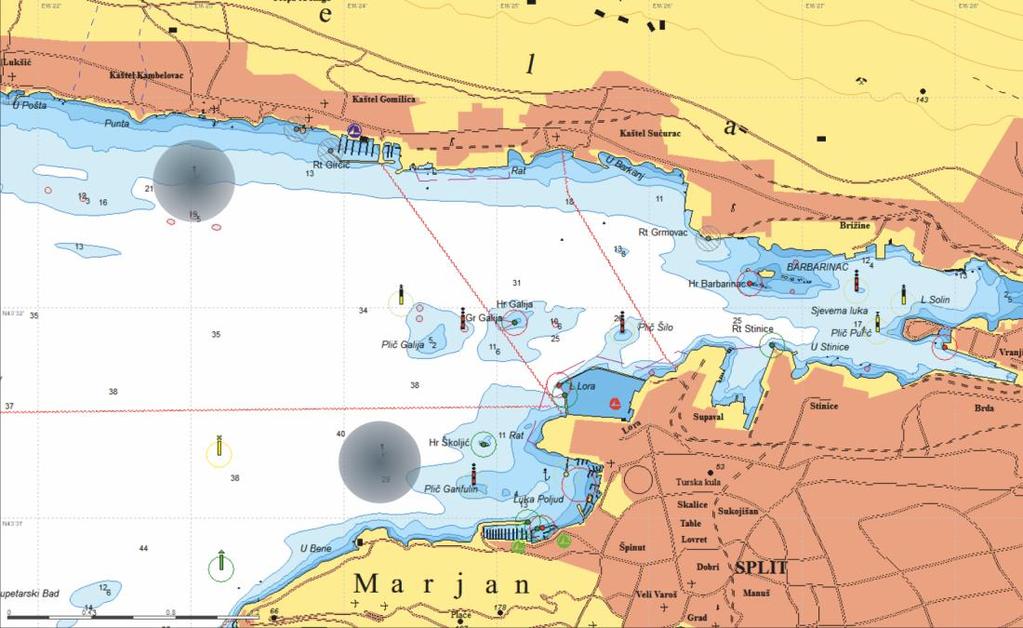 Slika 5.18 Preporučena sidrišta u Kaštelanskom zaljevu U Kaštelanskom zaljevu veći brodovi mogu sidriti i jugoistočno od mjesta Kaštel Kambelovac, na dubinama 12 20 m.