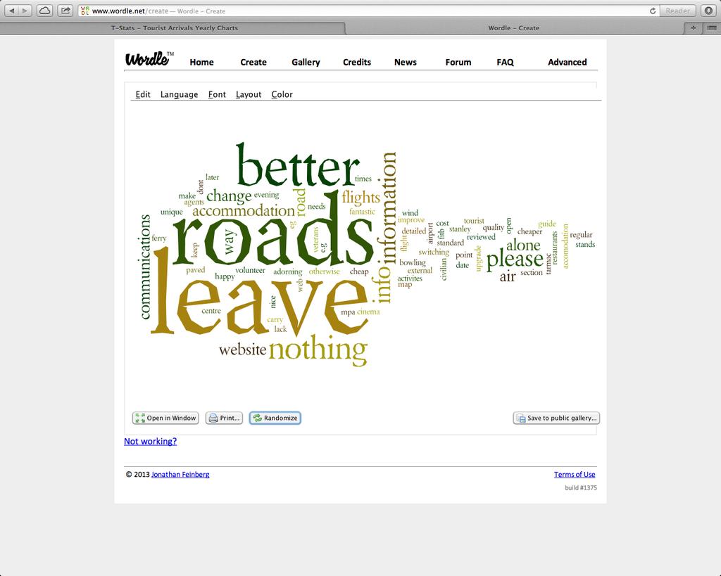 What Leisure Tourists Think Could Be Improved The word-cloud below shows the responses to the question: What could be improved to make the Falkland Islands a better Tourist