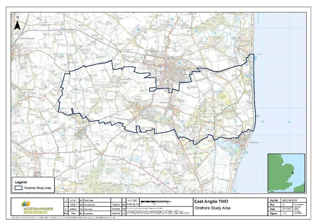 2. The Onshore Study Area: This is the area within which onshore infrastructure, for East Anglia TWO, East Anglia ONE North and National Grid would be placed, shown in Figure 3.