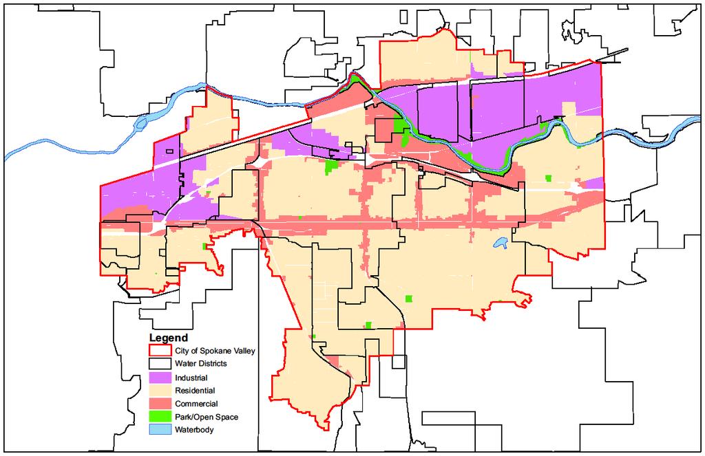 Zoning Designations Map by Water District Holiday Trailer Court Orchard I.D. #6 City of Millwood Irvin W.D. #6 Trentwood I.D. #3 Kaiser Alum.
