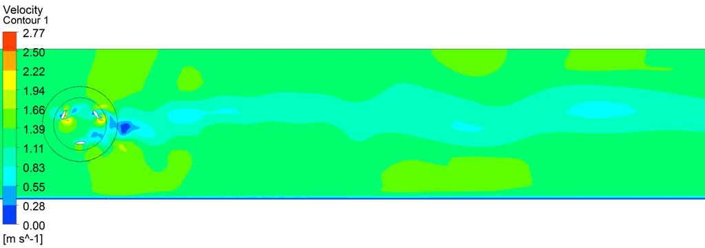 Slika 5.6: Polje hitrosti po celotnem območju pri hitrostih toka 1.3 m/s (zgoraj) in 2.4 m/s (spodaj). Na slikah 5.5 in 5.