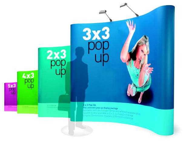 1 Pop up graphic displays 2X3, 3X3, 4X3, 5X3 HALOGEN lamp kit 2 x 150w lamps Power leads Carry bag