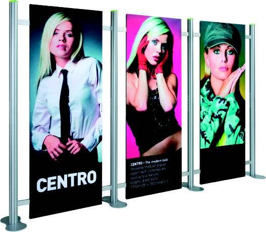 Modular displays Post caps available in various colours Without spacer bars 7 CENTRO 3 straight BLUE RED With spacer bars GREEN FROST Range of coloured neon acrylic features blue, green and red, or