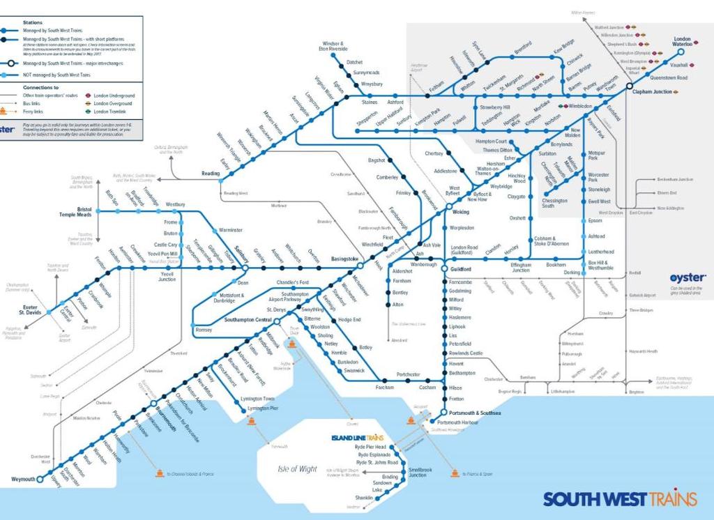 The South Western franchise today Critical part of the national rail infrastructure Services from London Waterloo to destinations throughout south-west London and counties in southern England Key