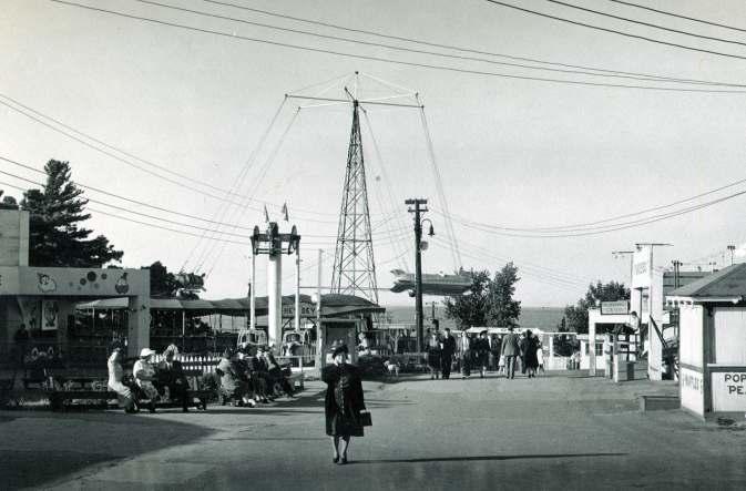 c. 1946 The North End A look northward offers a view of attractions like the Goofy House, Hey Dey, Loop-O-Plane, miniature golf, Thunderbolt,