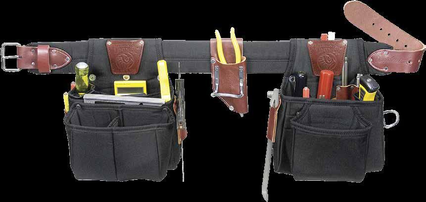 Tool holders for common tools with a back bag that accepts a rafter square. 8003 Pockets and Tool Holders: 20 Belt Sizes: SM-XXL Weight: 3.5 lb.