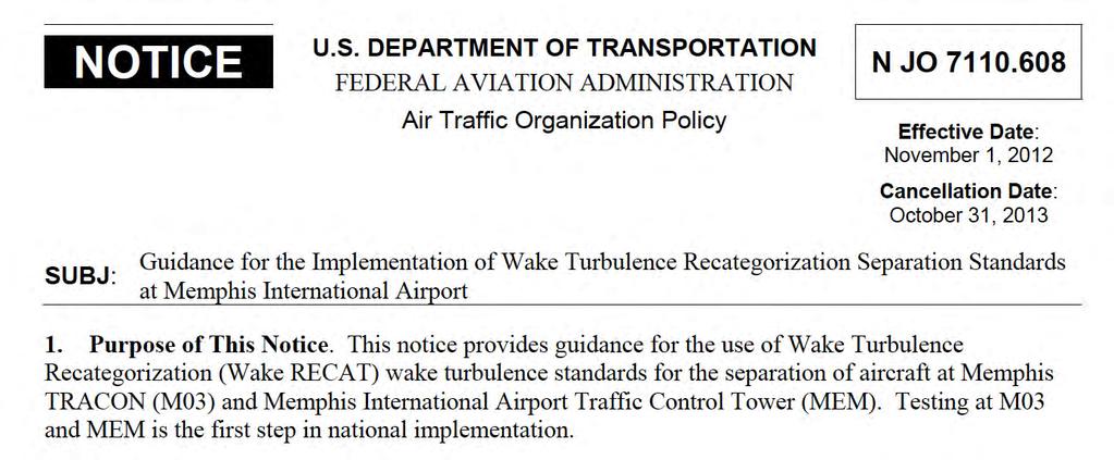 Wake Vortex Recategorization Classification FAA Introduced a new re-categorization