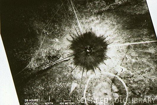 Manhattan Project. Aerial view of 'Ground Zero' at the Los Alamos site, New Mexico USA, photographed 28 hours after the detonation of the world's first atomic bomb.