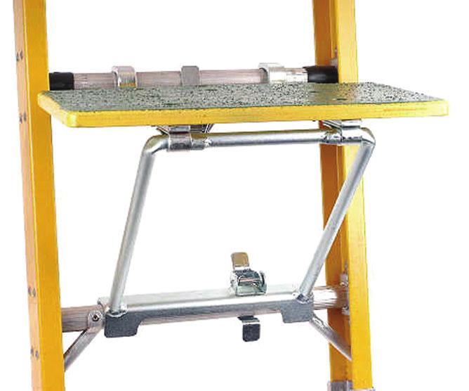 Built to provide years of heavy duty use, the platform features hooks and unique spring loaded latches that lock the platform frame securely to the rungs of the ladder.