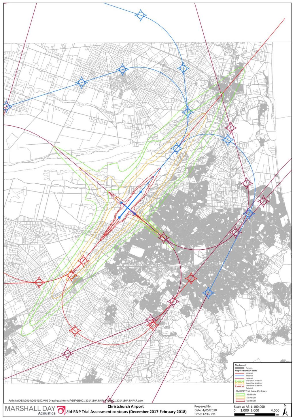 Figure 4: Christchurch PBN Trial Flightpaths showing calculated