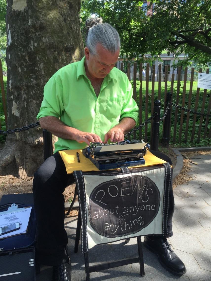 Poet Bill Keys in Washington Square Park in Manhattan. Next to her is a gray-haired man named Bill Keys. Sitting on a little stool, he s pecking on an old Corona typewriter.