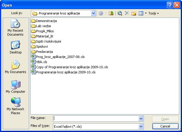 Slika 8. Primer Open dijalog box-a sa korisnički definisanim filterom fajlova. Metod GetOpenFilename vraća False ako korisnik pritisne dugme Cancel na Open dijalog box-u.