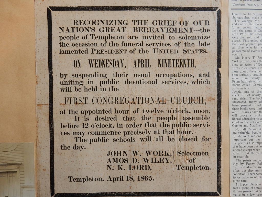 150 Years ago We share with you an article found in our large scrap book proclaiming a day to mourn President Abraham Lincoln s death.