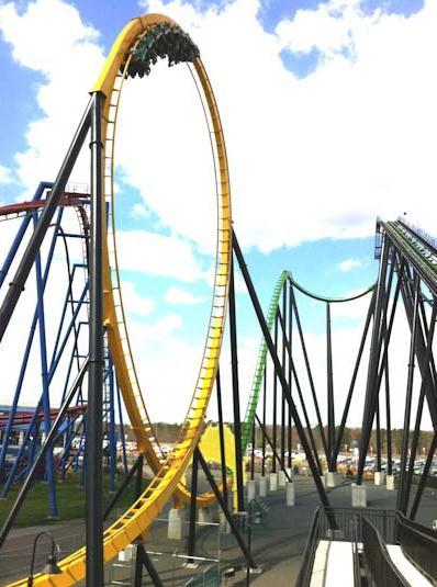 The first is at the base of the drop hill (where the track changes color from green to yellow). The second is at the top of the first loop (also yellow track).