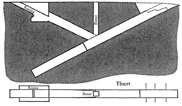 70. Tlocrt i presjek probnih hodnika Prema Petrieu, čini se da su Probni hodnici model za hodnike Velike piramide, budući da imaju istu širinu i visinu, ali im je dužina puno kraća.