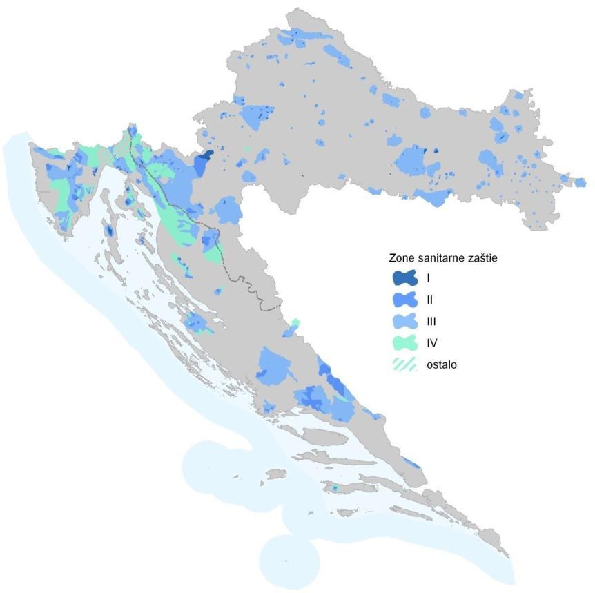 Zaštićena vodna područja u RH Karta 6: Pregledna karta zona sanitarne zaštite izvorišta (prema Registru zaštićenih područja, stanje: rujan 2012.